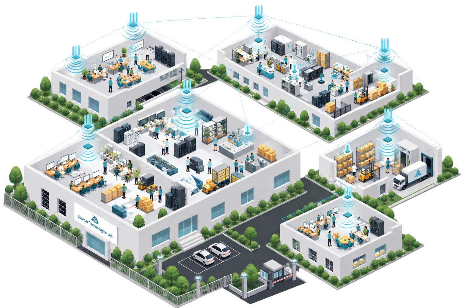 Isometric illustration of a smart industrial facility with RTLS wireless tracking across multiple buildings