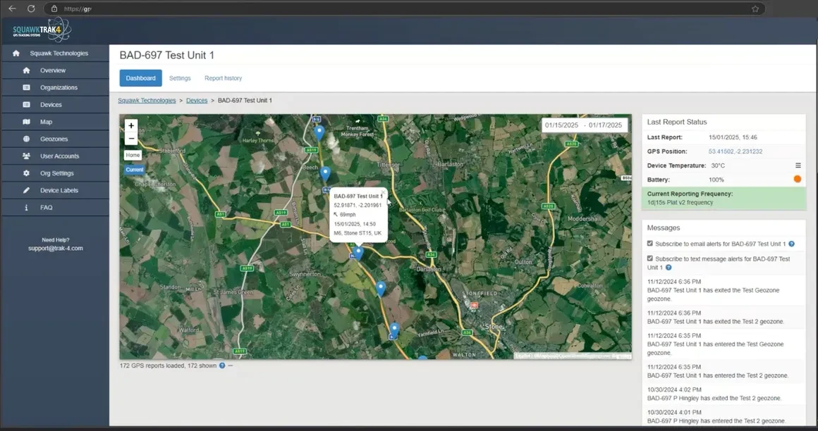 Trak4 device dashboard showing GPS location history and last report status for a tracked asset