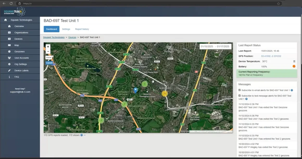 Trak4 GPS tracking dashboard showing live device locations on a map with geozone alerts