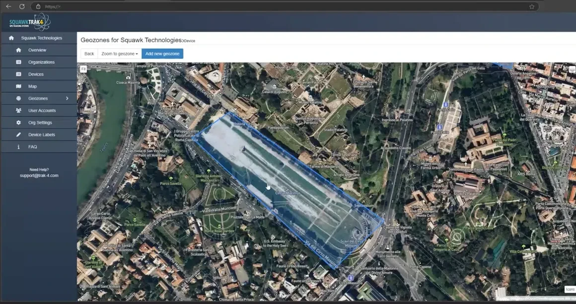 Trak4 geozones interface showing a custom tracking boundary drawn over an aerial map