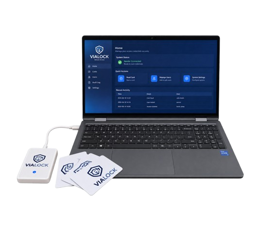 Vialock RFID smart-card reader, access cards and management software dashboard